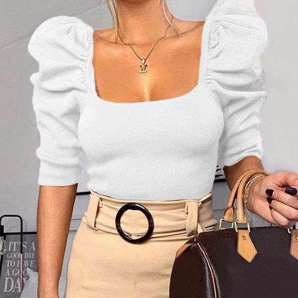 

2021 new vintage women girls square neck short slim crop t-shirts summer solid half sleeve t-shirt streetwear q7kz, White