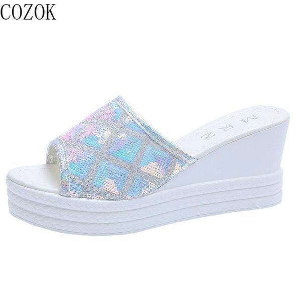 

casual women's slippers fashion all-match vamp sequins decoration trend thick-soled wedge women's slippers 2021, Black
