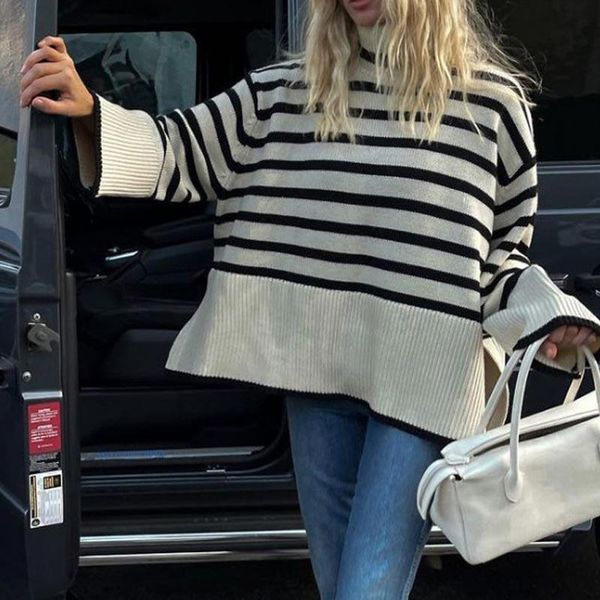 

women's sweaters women sweater kintted striped turtle-neck female pullovers autumn winter loose lady clothing all-match fashion casual, White;black