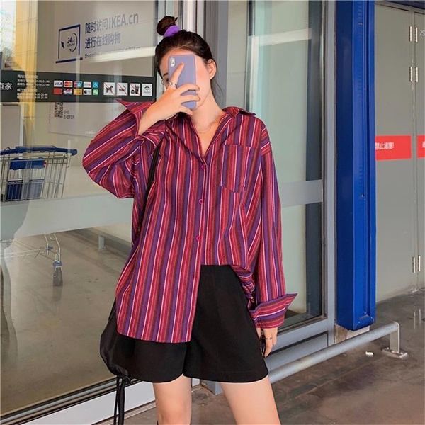

women's blouses & shirts ulzzang japanese kawaii ladies vintage chic striped long sleeve shirt female korean harajuku clothes for women, White