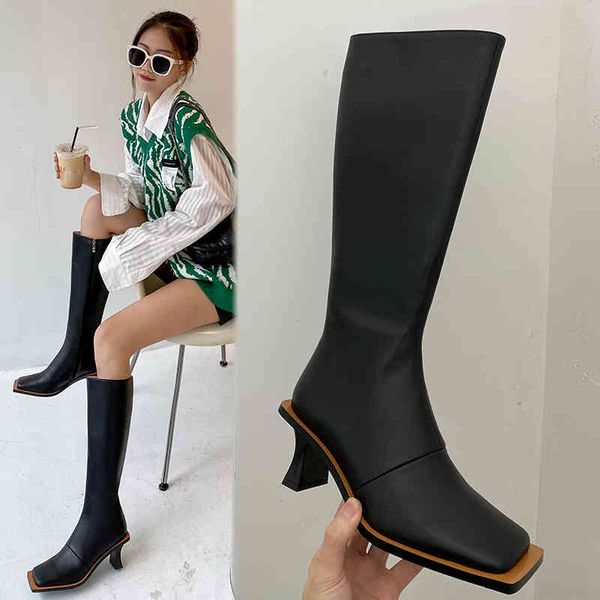 

boots women of knee-boots high leather shoes 22-26 centimeters upper layer lateral zipper the square toe long 9ep5, Black