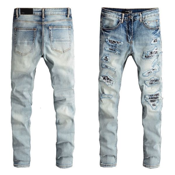 

fashion us am casual hip hop high street worn-out wash splash ink color painting slim fitting jeans man #677, Blue