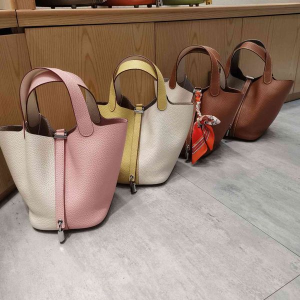 

h's new color matching vegetable basket bag head leather litchi pattern bucket bag handbag