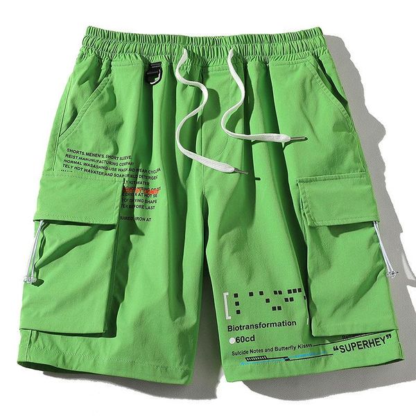 

2021 men cargo shorts streetwear summer harajuku shorts mens ribbons pockets bermuda knee length patchwork men's, White;black