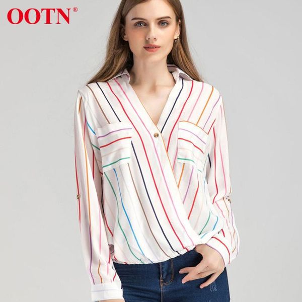 

ootn deep v-neck colorful simple diagonal striped women's blouse loose-fitting casual long sleeve ladies simple style, White