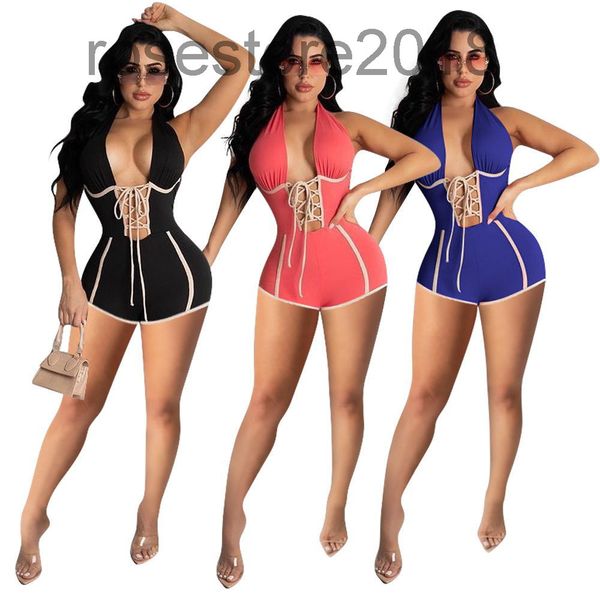 

new women jumpsuit designer deep v-neck summer style hanging neck one-piece pants shorts fashion bandage open back shorts slim rompers, Black;white