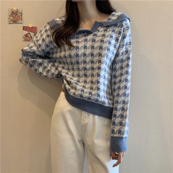 

cyjr women geometric khakis casual mesh houndstooth lady woman's pullover female sweater autumn retro jumper winter kpcd, White;black
