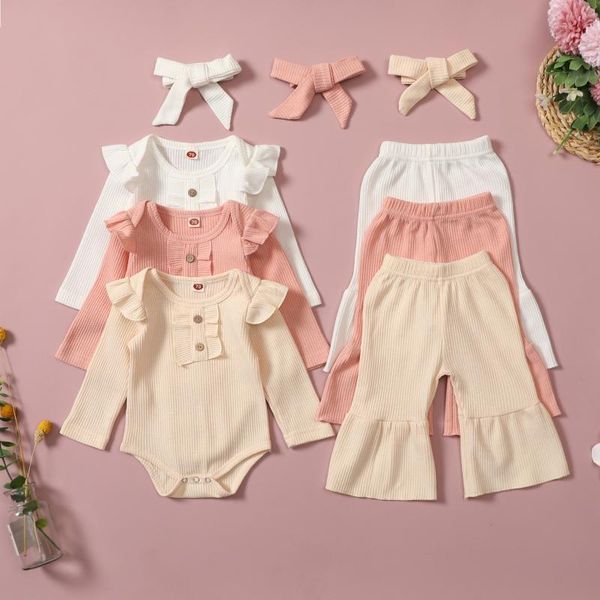 

clothing sets infant baby boys girls solid wrinkle sleeves bodysuit+flared trousers pants+headband set born outfits, White
