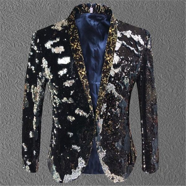

tide men color sequins suit jacket punk nightclub bar dj fashion flip paillette blazer stage singer costumes 2vbj, White;black