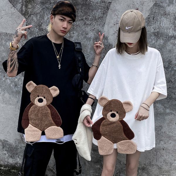 

2021 harajuku new t-shirt mens hip hop streetwear bear three-dimensional embroidery tshirts loose cotton short sleeve summer klly, White;black