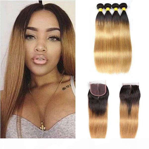 

brazilian straight ombre human hair weave bundles with lace closure two tone 1b 27# brazilian blonde virgin hair extensions with closure, Black;brown