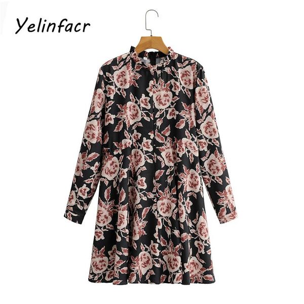 

ladies vintage casual floral print mini skirt ruffled neckline fashion long sleeve dress for women, Black;gray