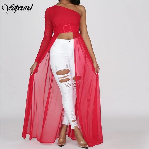 

women mesh see-through sleeve blouse slash neck slim clubwear party fashion clothes long style shirt chiffon top, White