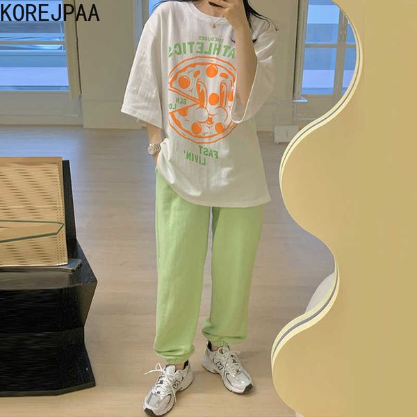 

korejpaa women sets summer korean chic ladies all-match round neck printed short-sleeved t-shirt high waist sports trousers 210526, White
