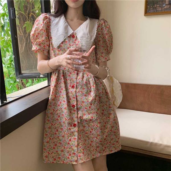 Floral Print Dress Mulheres Sweet Korean Moda Verão Sopro manga Boneca Collar Único-Breasted Loose Elegante Robe 210529