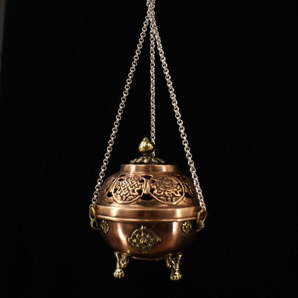 

fragrance lamps chinese antique tibetan buddhist red copper hand-made pendant incense burner decoration collection ornaments home decor