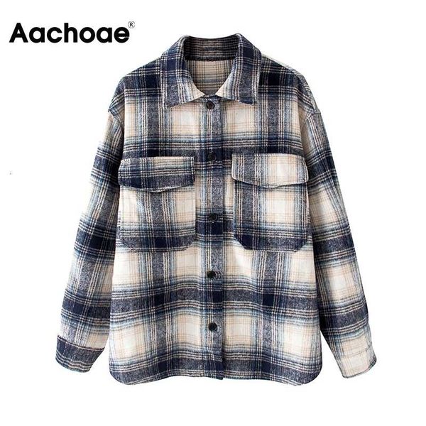 

aachoae casual plaid jacket women long sleeve loose coat female pockets turn down collar retro jacket outerwear veste femme 201013, Black;brown
