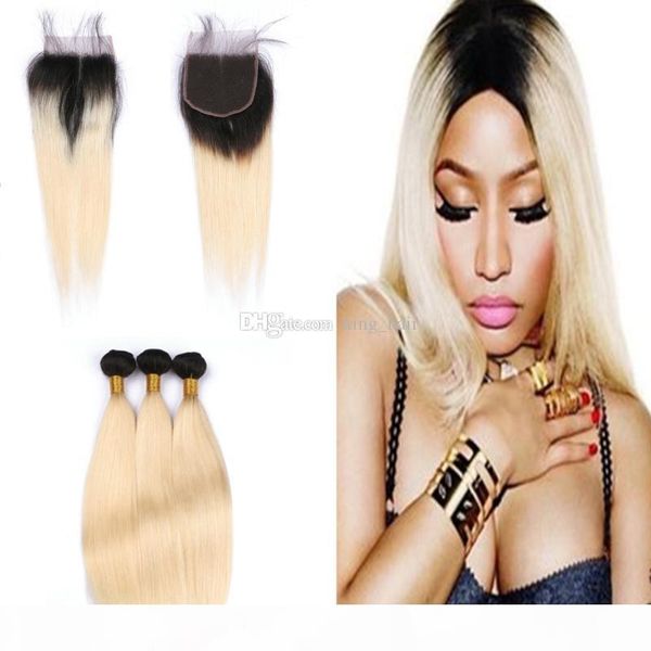 

ombre brazilian straight hair with closure two tone 1b 613 blench blonde ombre human hair bundle with 4*4 lace closure, Black