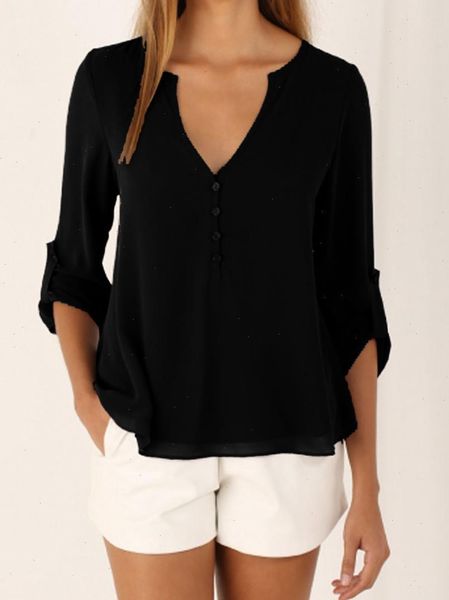 

s 5xl women deep v neck shirts 2021 summer button long sleeve ladies chiffon shirts solid elegant black casual blouses, White