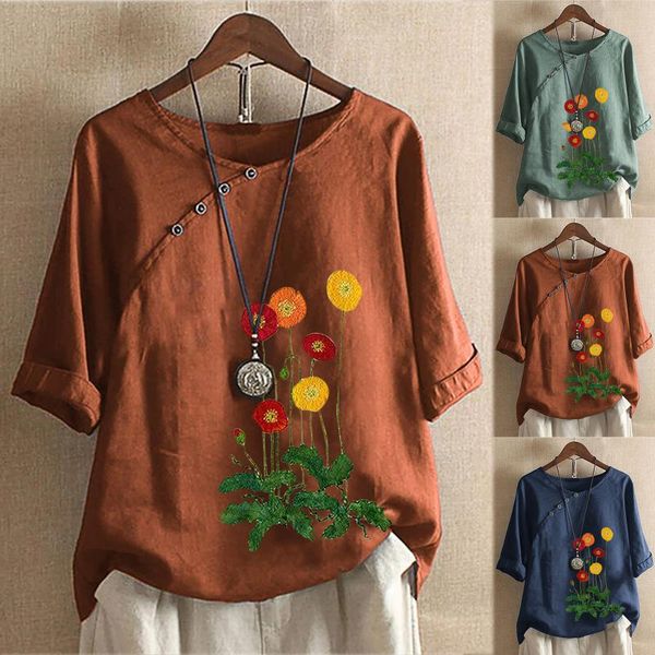 

women's blouses & shirts femme summer casual round o-neck short sleeve flower printing loose shirt ladies blusas y camisas, White