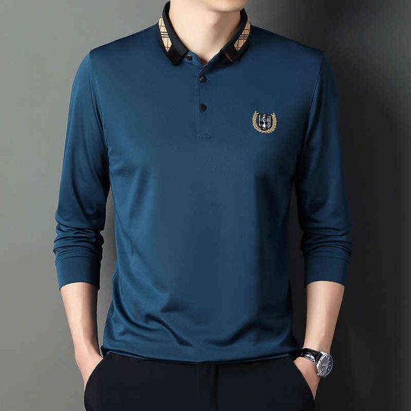 

spring and autumn lapel middle-aged long sleeve fashion embroidery stripe collar bottoming shirt 21 men's t-shirt, White;black