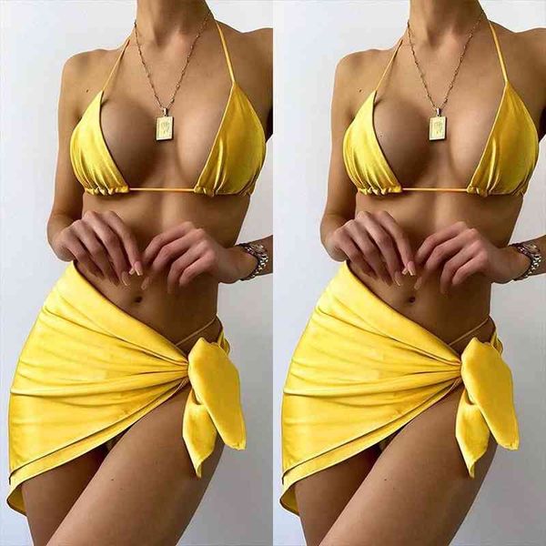 

three-piece solid womens swimsuit push up bikini drawstring pleated swimwear women high cut bathing suits biquini, White;black