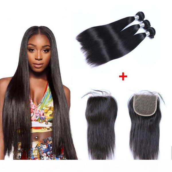 

brazilian straight hair bundles unprocessed human hair weaves with 4*4 closure natural black color can be dyed bleached hair extensions