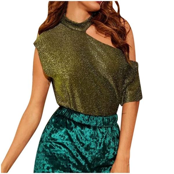 

women blouse pure off-shoulder shiny silk women o-neck cold shoulder bright hollow out blouse #yl10, White