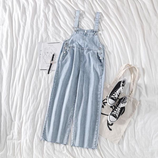 

women's jeans woman overalls high wasit loose casual straight denim jumpsuits light blue side button female ankle-length romper