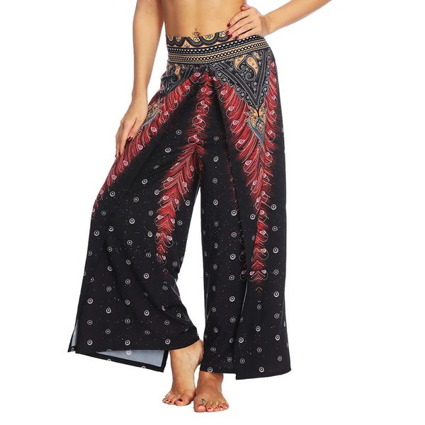 

women boho pattern print pants casual high waist double layer sportwear thailand indonesian style trousers wide-leg gym legging, White;red