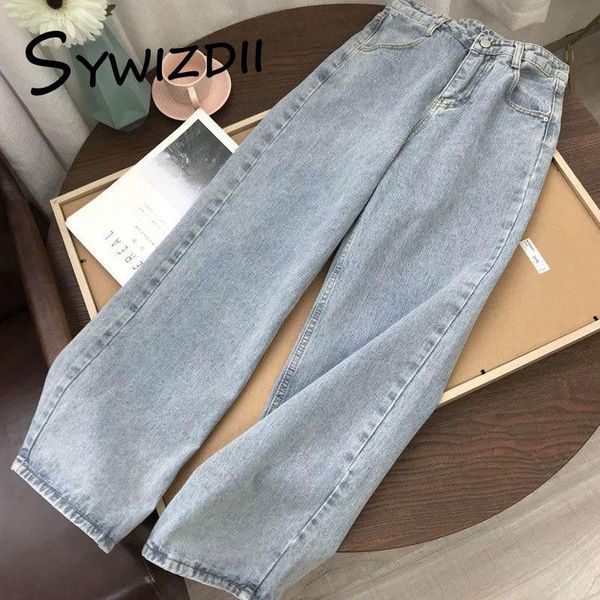 

women's jeans sywizdii high waist fashion girls korean wide leg pants trousers streetwear denim femme bagge mom, Blue