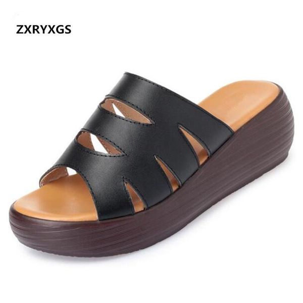 

dress shoes 2021 est summer thick bottom wedge sandals women slippers elegant and comfort genuine leather, Black