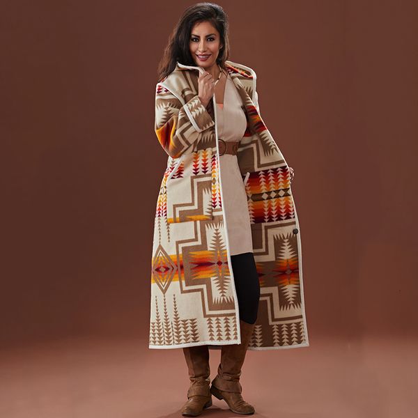 

2021 luxury vintage pattern print faux wool blends x-long coats jackets women warm winter outerwear autumn new streetwear lady miaj, Black