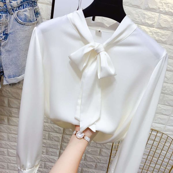 

luxury new bow loose tie long autumn sleeve chiffon women's temperament lace up shirt silk satin 2021, White
