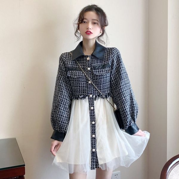 

new 2021 spring ladies temperament plaid stitching mesh dress long sleeve fake two-piece lapel skirt female trend o0lf td thj5, Black;gray