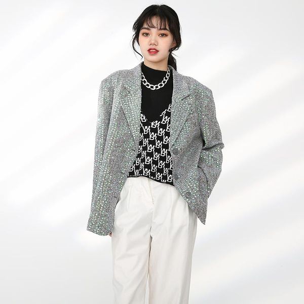 

women's suits & blazers sleeve loose long lapel jacket, sequin bright gray, large, fashion spring and autumn 2021 1dd082102, White;black