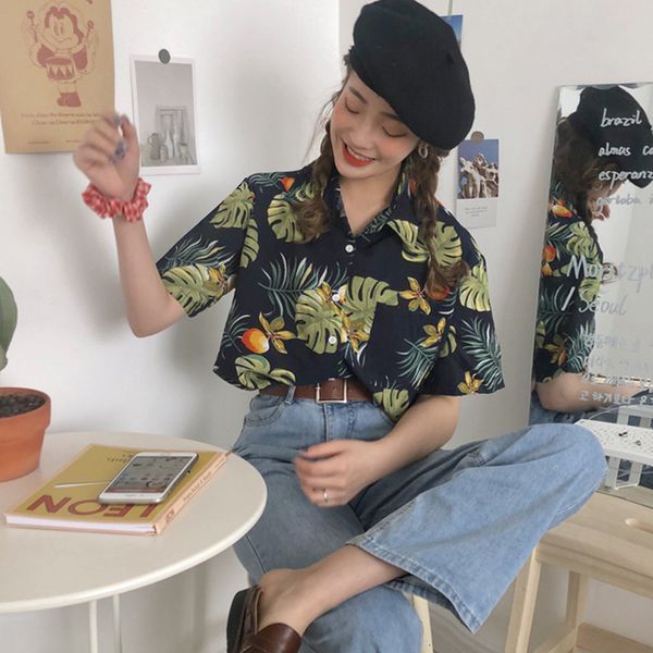 

2021 new chiffon women leaf print short sleeve summer floral button down shirts casual korean blouse f5yw, White
