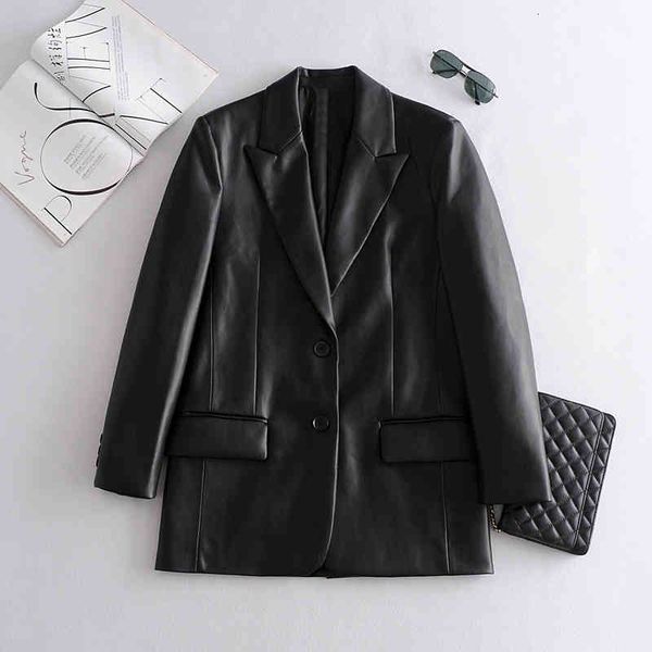 

women's leather & faux long blazer of women's ecological leather, outer style long leather jacket for women gsk9, Black