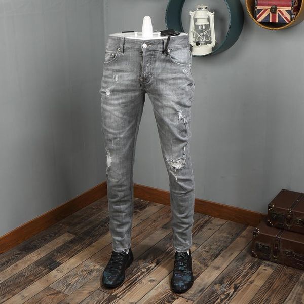 

men's jeans italian style fashion men retro gray elastic slim fit ripped brand vintage designer cotton denim punk pants, Blue