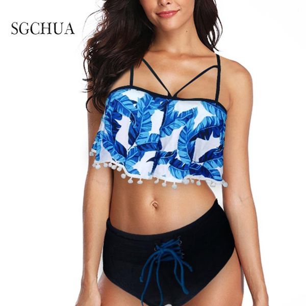 

leaf print bikini 2021 swimwear women push-up backless swimsuit set solid black tether high waist short plus size s-xl