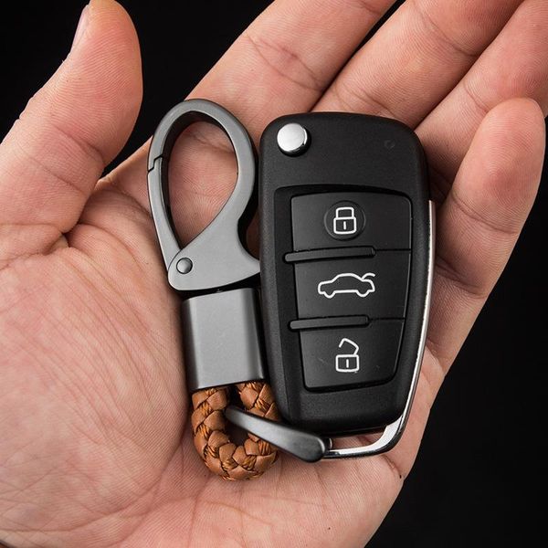 

keychains key rings couple auto gift detachable metal luxury chains leather rope keychain for car hand woven horseshoe buckle, Silver