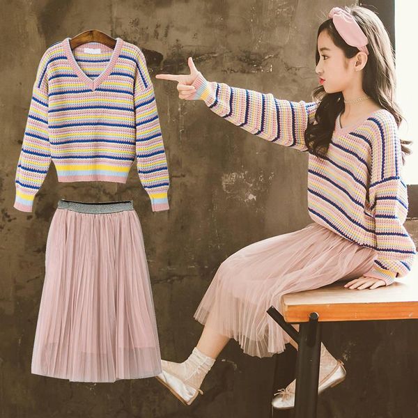 

5 7 9 11 13 years fashion girl rainbow striped colored v-neck knitted sweater and mesh skirt set for sweet baby girl clothes, White