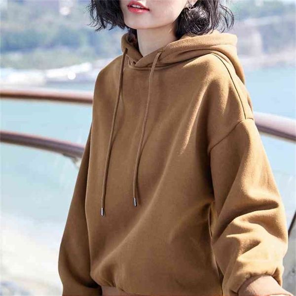 

plus velvet basic hoodies for women leisure female winter solid colour casual sweatshirthip pop 210809, Black