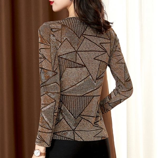 

2021 spring fall european clothes t-shirt shiny print patchwork mesh women ropa mujer gold bottoming shirt tees new t09815l xgcu, White