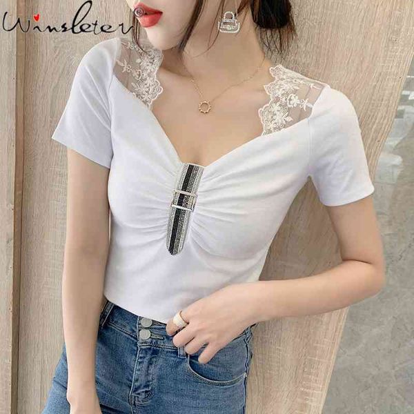 

women's t-shirt summer european style cotton fashion v-neck drape patchwork lace shiny diamond women casual tees t13903a, White