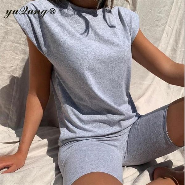 

yuqung summer casual o neck khaki sleeveless two piece set padded shoulder loose shirt and shorts 2 piece women set outfits, Gray