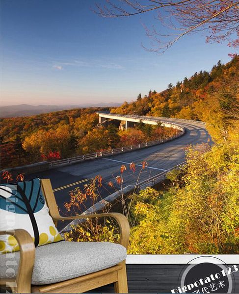 

wallpapers the custom 3d murals,beautiful quiet mountain woods background wall circling highway,living room sofa tv bedroom paper