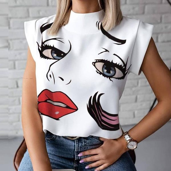 

elegant red lips printed shirts blouse women o neck short sleeve basic summer casual pullover shirt blusa streetwear, White