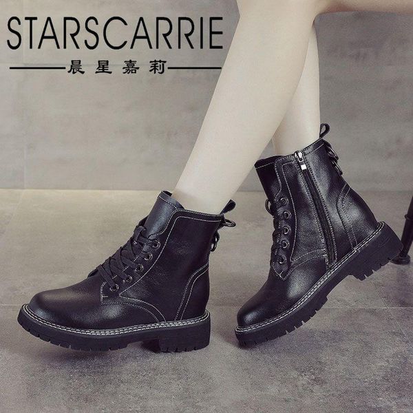 

boots 2021 autumn leather riding women's thick bottom inside high casual short side zipper slim, Black