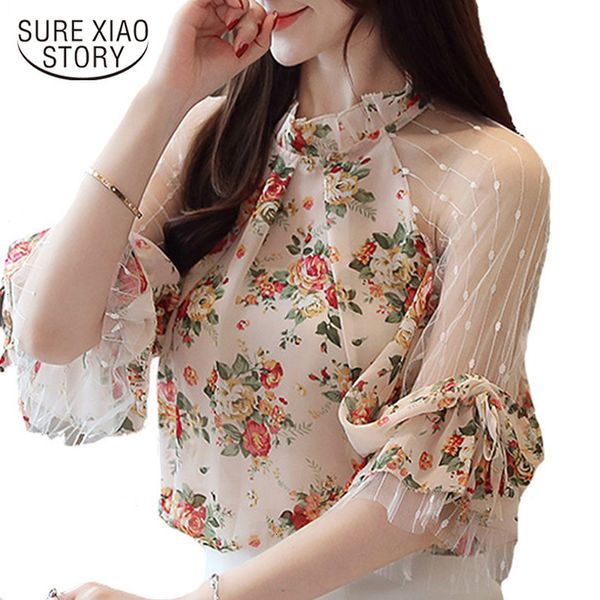 

blusas mujer de moda 2021 women blouses camisas mujer floral print lace chiffon blouse women womens and blouses 4068 50 cx200617, White